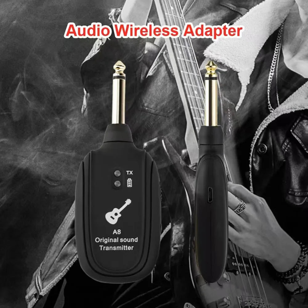 Black a8 uhf electric guitar wireless transmitter receiver set with gold audio jacks and guitar icon for low latency use