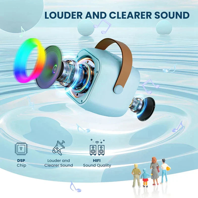 Light blue portable bluetooth speaker with brown leather strap and visible internal components for wireless microphones karaoke toy gift