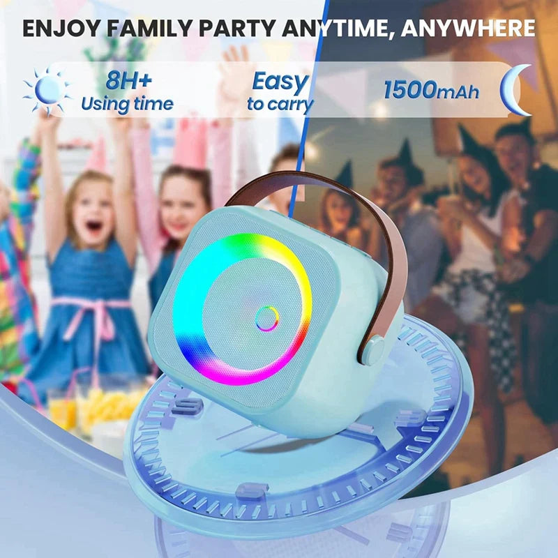 Light blue portable bluetooth karaoke machine with brown handle colorful led ring and wireless microphones karaoke toys gift