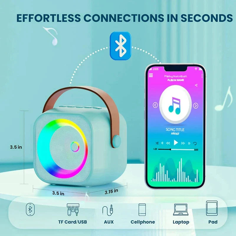 Light blue portable bluetooth karaoke machine with brown leather handle colorful led ring wireless microphones karaoke toy gift