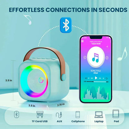 Light blue portable bluetooth karaoke machine with brown leather handle colorful led ring wireless microphones karaoke toy gift