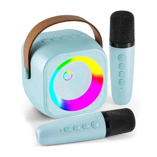 Light blue portable bluetooth karaoke machine with brown leather handle and two wireless microphones karaoke toys gift