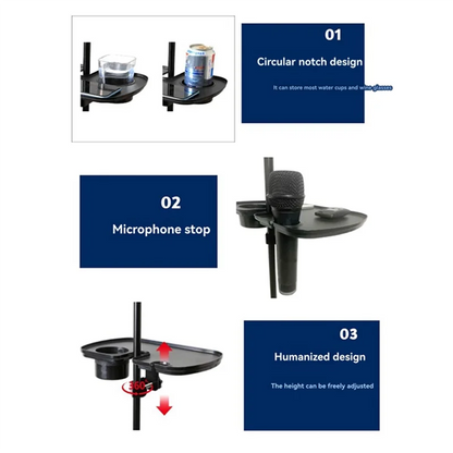 Black multifunctional microphone rack with adjustable stand tray cup holder and built-in mic holder for music stand microphone