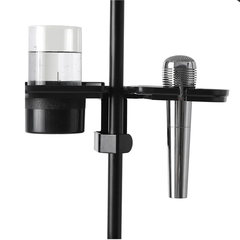 Black microphone stand tray with chrome handheld mic and clear water bottle holder for multifunctional microphone rack use