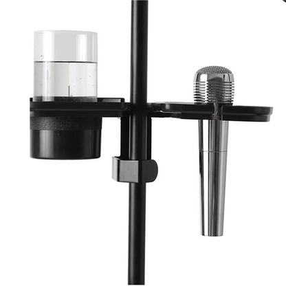 Black microphone stand tray with chrome handheld mic and clear water bottle holder for multifunctional microphone rack use