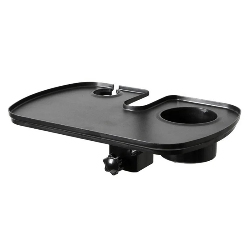 Black plastic multifunctional microphone rack tray with two cup holders and central adjustable clamp for music stand microphone
