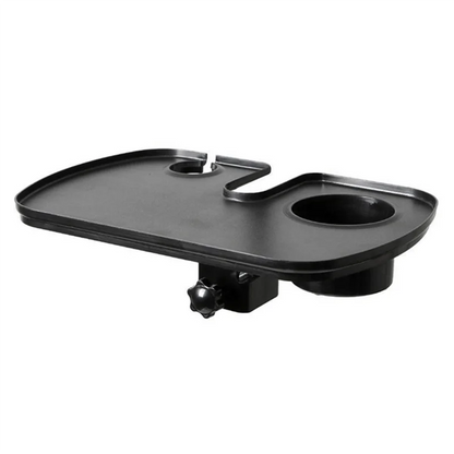 Black plastic multifunctional microphone rack tray with two cup holders and central adjustable clamp for music stand microphone