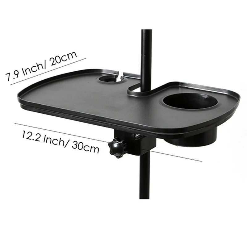 Black plastic multifunctional microphone rack utility shelf with two cup holders and central pole clamp for music stand tray