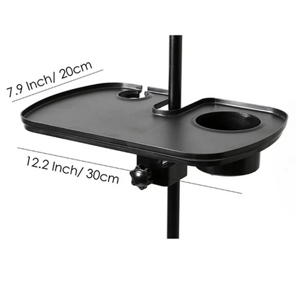 Black plastic multifunctional microphone rack utility shelf with two cup holders and central pole clamp for music stand tray