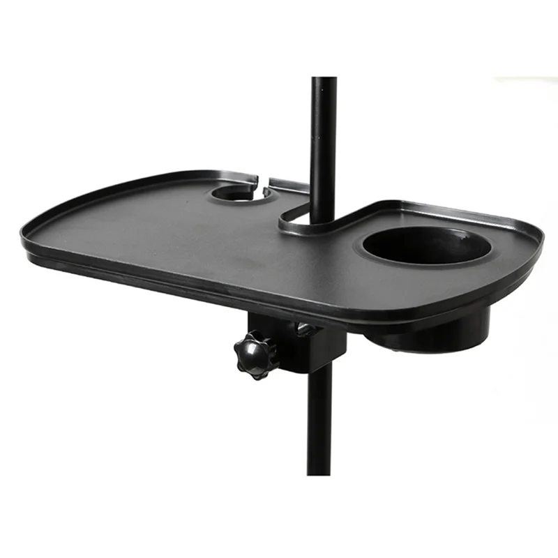 Black plastic multifunctional microphone rack with cup holders and central pole clamp for music stand microphone tray