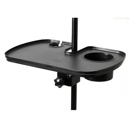 Black plastic multifunctional microphone rack with cup holders and central pole clamp for music stand microphone tray