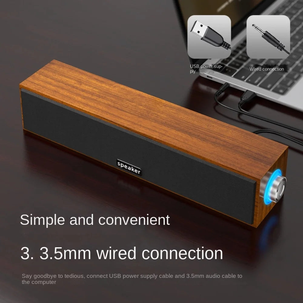 New Long Strip USB Wired Bluetooth Dual Speakers Wooden Small Speaker Computer Notebook Sound Bar Desktop Heavy Bass