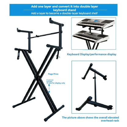 Black metal double-layer piano keyboard stand with adjustable arms and stable x-frame base for electric piano holder