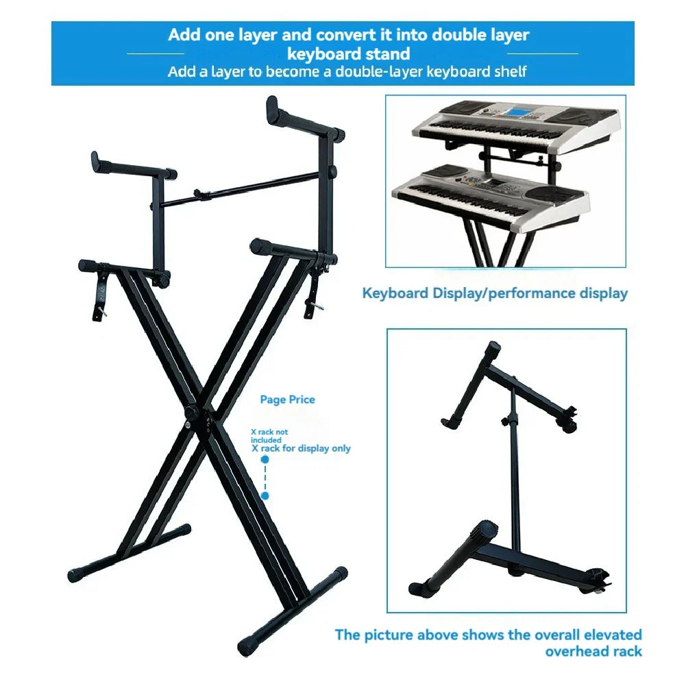 Black metal electric piano holder with adjustable arms and stable x-frame base second tiers piano keyboard stand