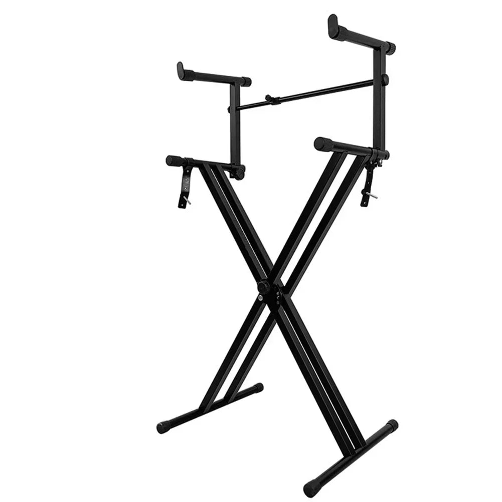 Black metal x-frame piano keyboard stand with adjustable arms and padded supports electric piano holder for stability