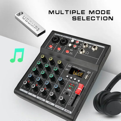 Professional 4 channel Audio mixer DJ karaoke Mixing Console With USB Interface Sound Card BT 48V for Karaoke Party PC Recording