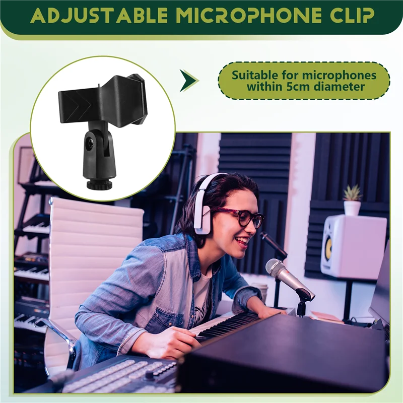 Black adjustable microphone clip with swivel joint for gooseneck microphone stand in radio broadcasting studio equipment
