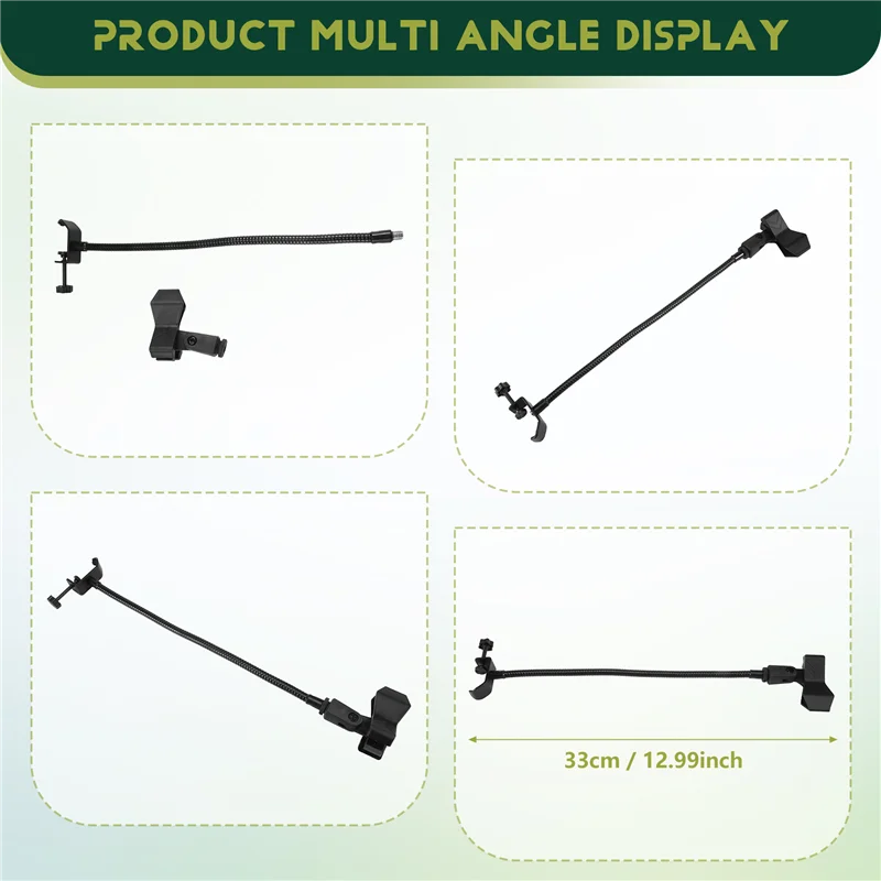 Black flexible arm gooseneck microphone stand with adjustable clamps for radio broadcasting studio and live broadcast equipment