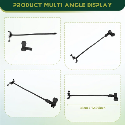 Black flexible arm gooseneck microphone stand with adjustable clamps for radio broadcasting studio and live broadcast equipment
