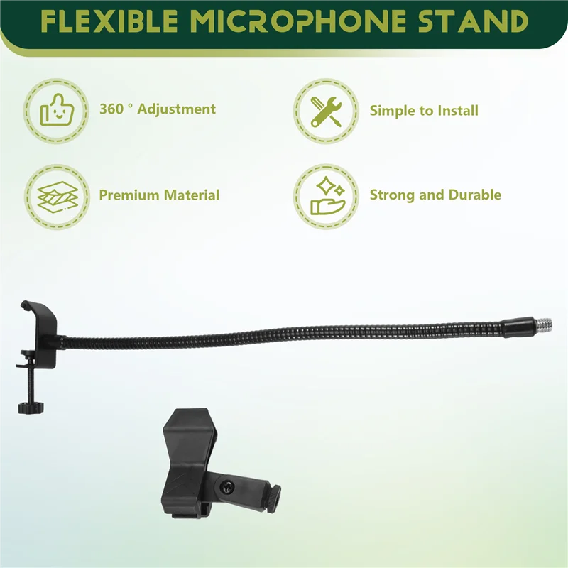 Black flexible gooseneck microphone stand with articulated tubing and adjustable clamps for radio broadcasting studio live broadcast equipment
