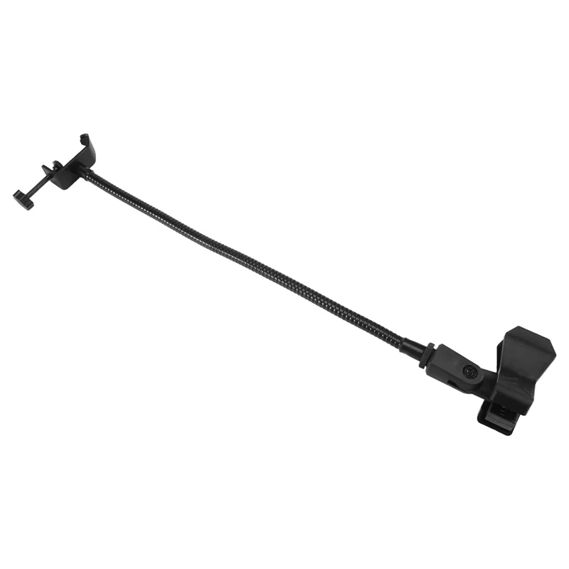 Black flexible gooseneck microphone stand with adjustable clip ends for radio broadcasting studio and live broadcast equipment