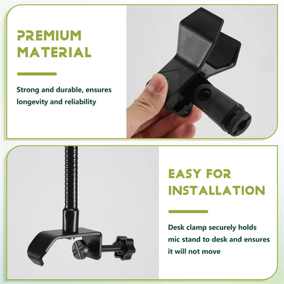 Black plastic desk clamp with adjustable screw for securing gooseneck microphone stand in radio broadcasting studio use