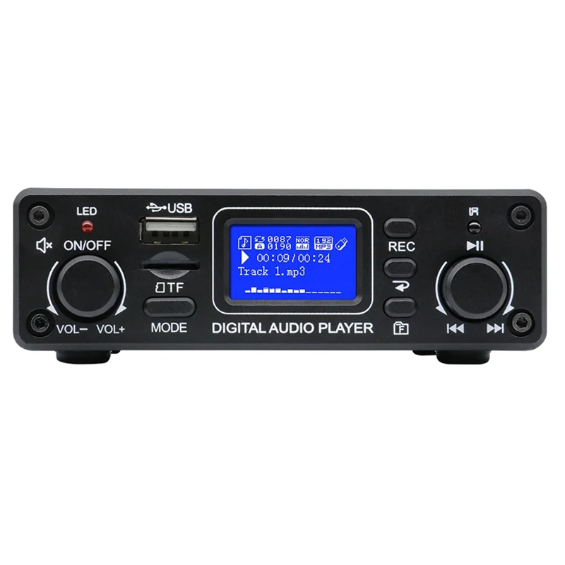 Black ABAC-LCD portable digital audio player with blue lcd screen and multiple control buttons for high quality music