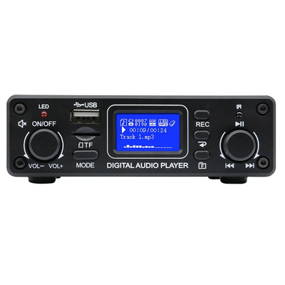 Black ABAC-LCD portable digital audio player with blue lcd screen and multiple control buttons for high quality music