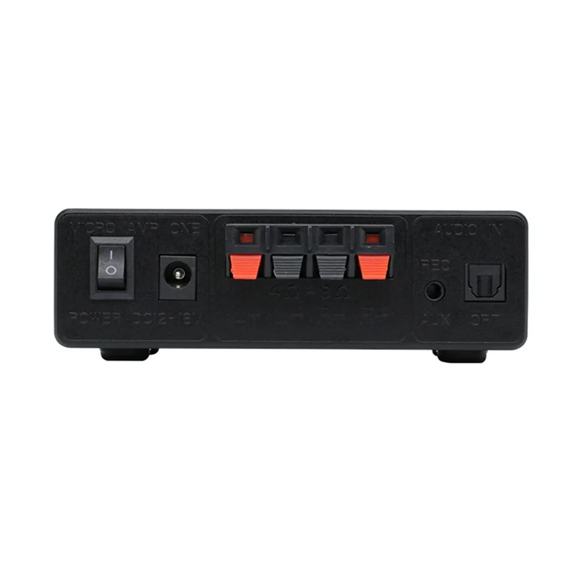 Black abac-lcd digital audio player back side with red and gray speaker terminals power switch and input output ports