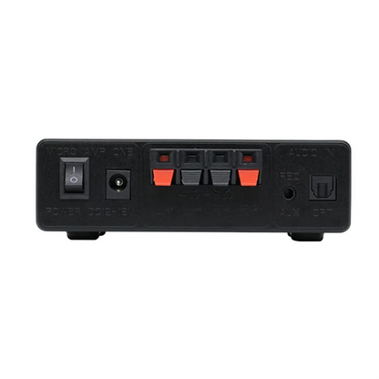 Black abac-lcd digital audio player back side with red and gray speaker terminals power switch and input output ports