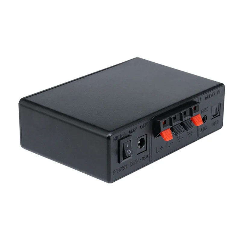 Black rectangular abac-lcd digital audio player with orange input jacks and power switch for high quality digital audio