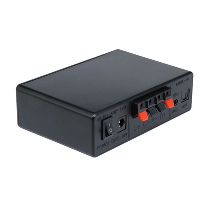 Black rectangular abac-lcd digital audio player with orange input jacks and power switch for high quality digital audio