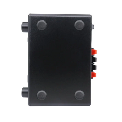 Black rectangular ABAC-LCD digital audio player with amplifier and red black RCA input jacks on side for high quality audio