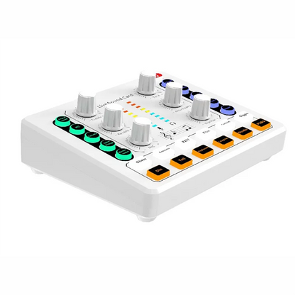 White compact abac-m8 live sound card with multiple knobs green and orange buttons and led indicator strip for podcast audio mixer wireless bluetooth audio