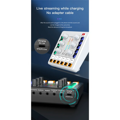 White compact abac-m8 live sound card with colorful knobs wireless bluetooth audio mixer podcast equipment for live streaming