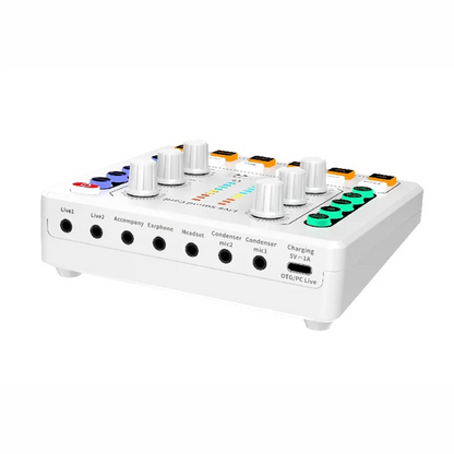 White compact live sound card with multiple ports and colorful knobs wireless bluetooth audio mixer podcast equipment