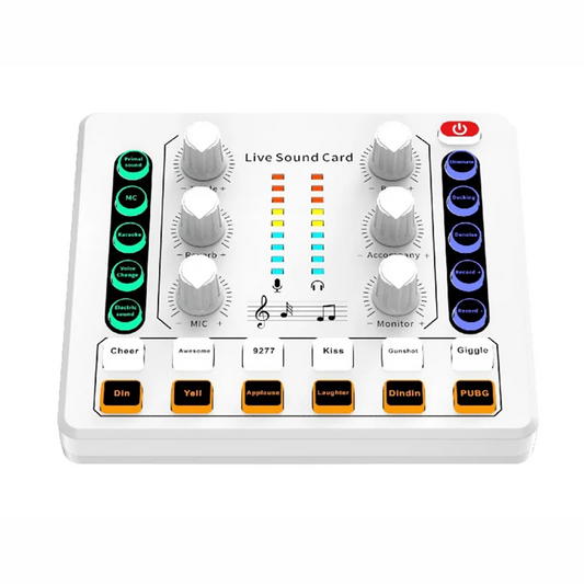 White rectangular ABAC-M8 live sound card with gray knobs, colored buttons for wireless bluetooth audio mixer podcast use