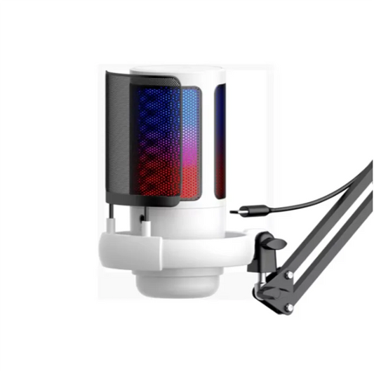White usb condenser microphone with black mesh pop filter and rgb lighting on metal boom stand for esports game recording