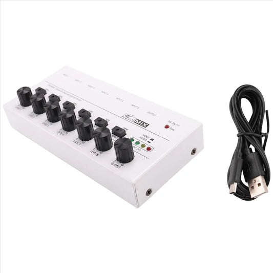 White rectangular aba i 6 channel usb mixer with black knobs and coiled usb cable for recording studio use