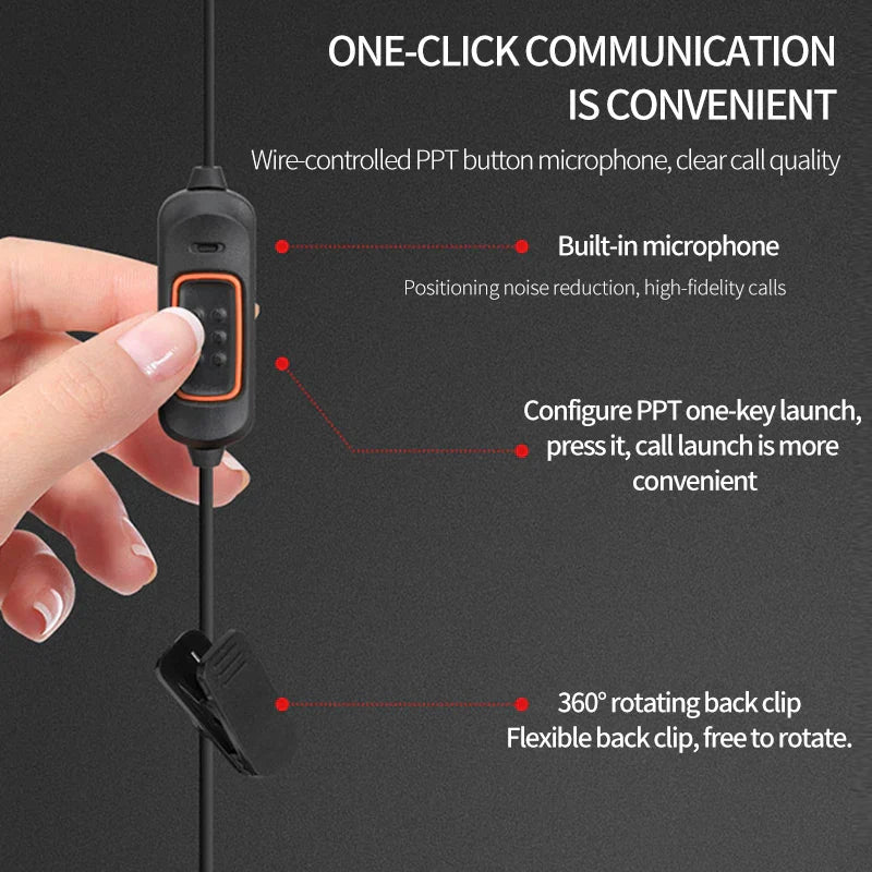 Black wire-controlled ppt button microphone with orange trim and 360° rotating clip for pro uv32 quansheng walkie talkie two way use