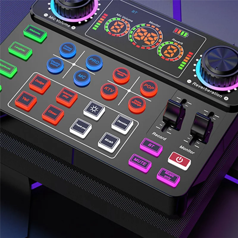 Black abgi-new v8spro sound card with colorful illuminated buttons and knobs for computer recording and live streaming
