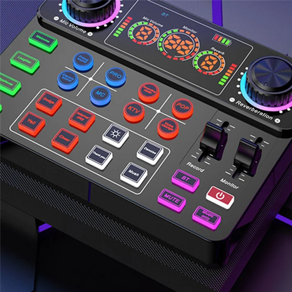 Black abgi-new v8spro sound card with colorful illuminated buttons and knobs for computer recording and live streaming