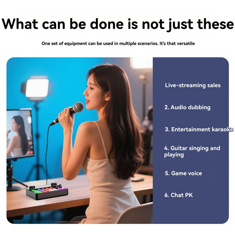 Black and colorful ABGI-New V8spro sound card audio interface with multi-buttons for computer recording and live podcast use
