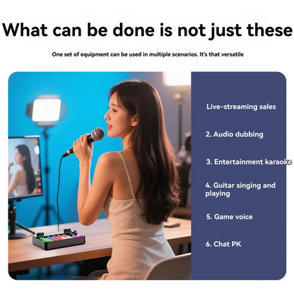 Black and colorful ABGI-New V8spro sound card audio interface with multi-buttons for computer recording and live podcast use