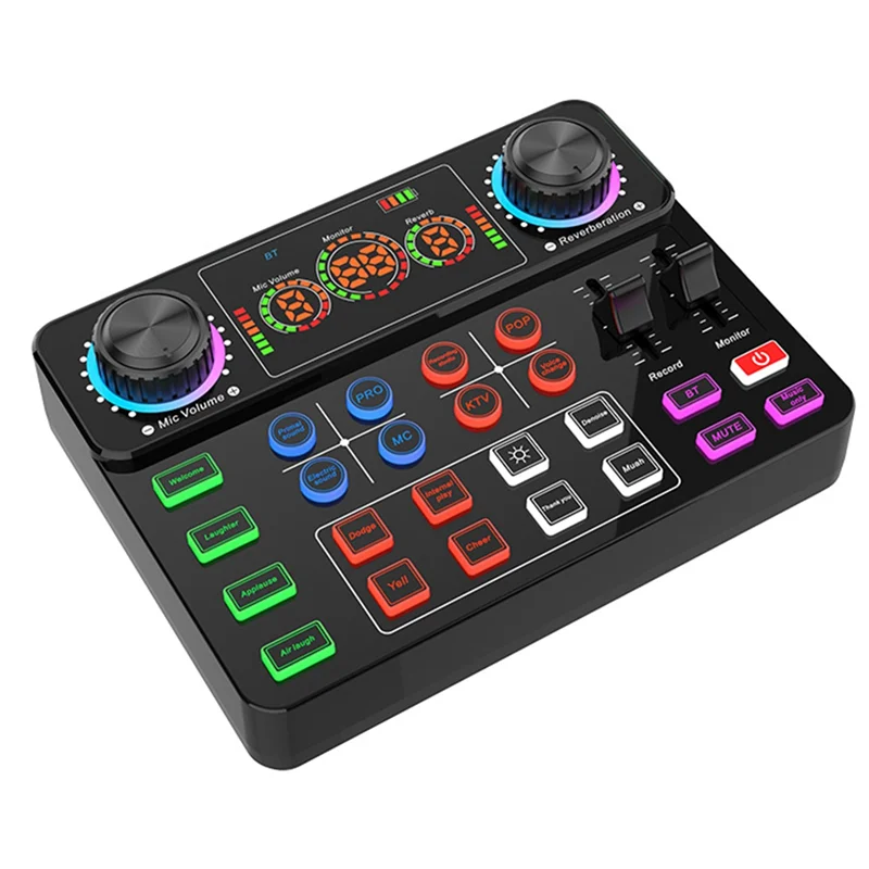 Black usb audio interface abgi-new v8spro with colorful illuminated knobs for recording live podcast and dj disco use