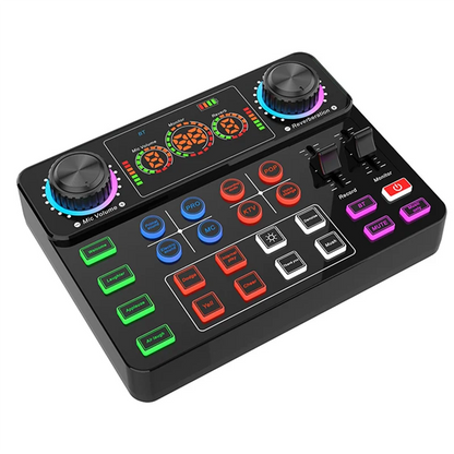 Black usb audio interface abgi-new v8spro with colorful illuminated knobs for recording live podcast and dj disco use