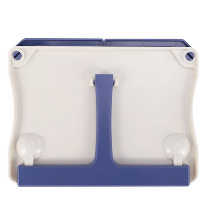 Blue and white folding tabletop music stand abs with central support arm and adjustable feet for piano violin universal use