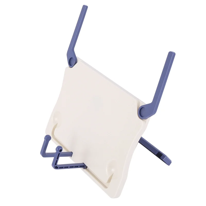 Cream-colored folding tabletop music stand made of abs with adjustable blue arms for piano violin universal use
