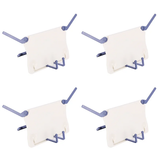 White plastic wall-mounted towel rack with purple accents shown alongside folding tabletop music stand abs for piano violin universal use