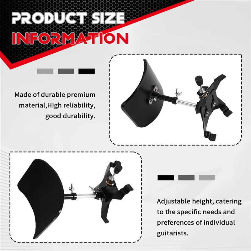 Black adjustable metal guitar foot stool with curved base and clamp mechanism for support handrest guitar leg rest stand